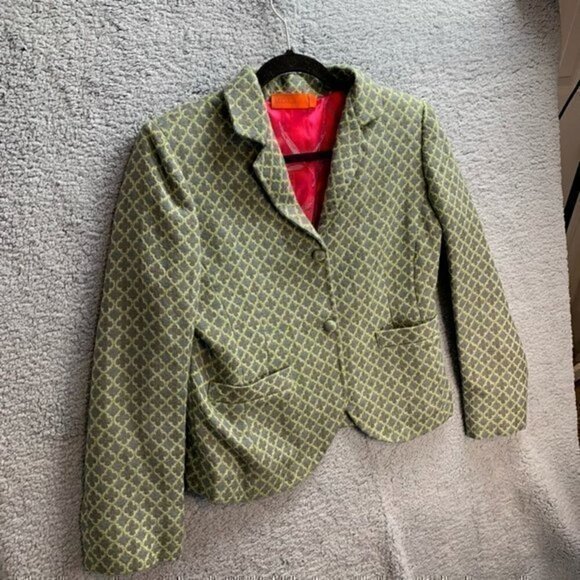 Moksha Womens Suit Jacket Blazer Green 100% Wool Geometric Pockets Long Sleeve M - Picture 5 of 11